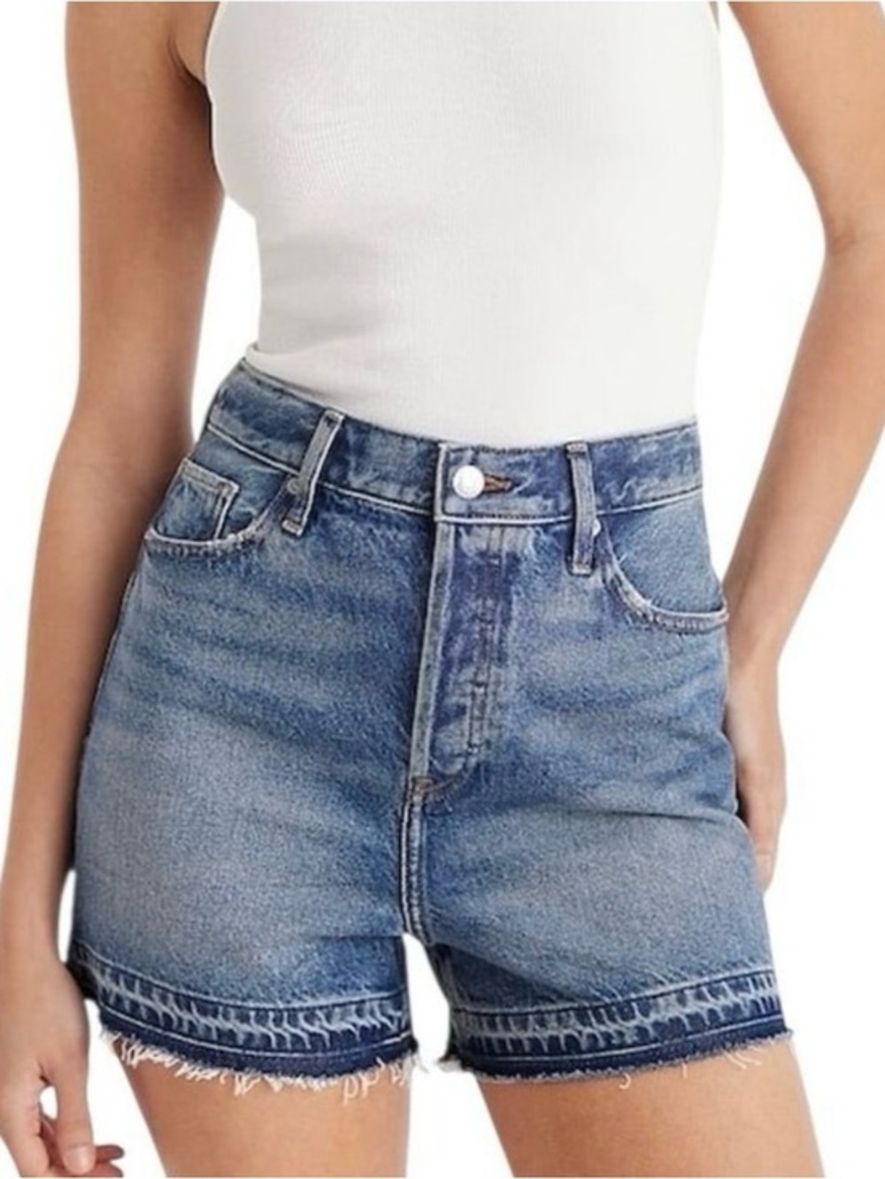 Express Super High Rise Released Hem 3” Inseam Denim Shorts Indigo Blue Size 12